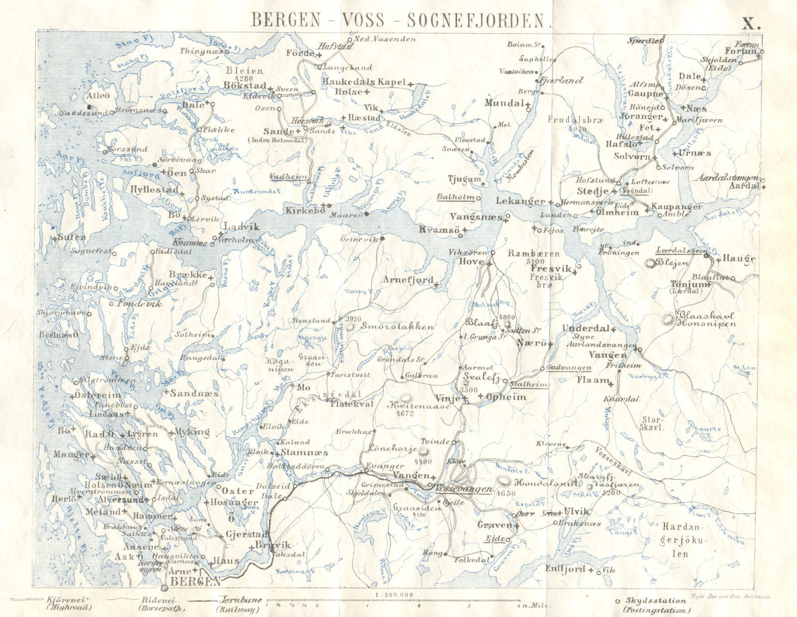 NORWAY. Bergen-Voss-Sognefjorden 1896 old antique vintage map plan chart